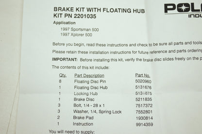 OEM Polaris 2201035 Float Hub Brake Kit NOS