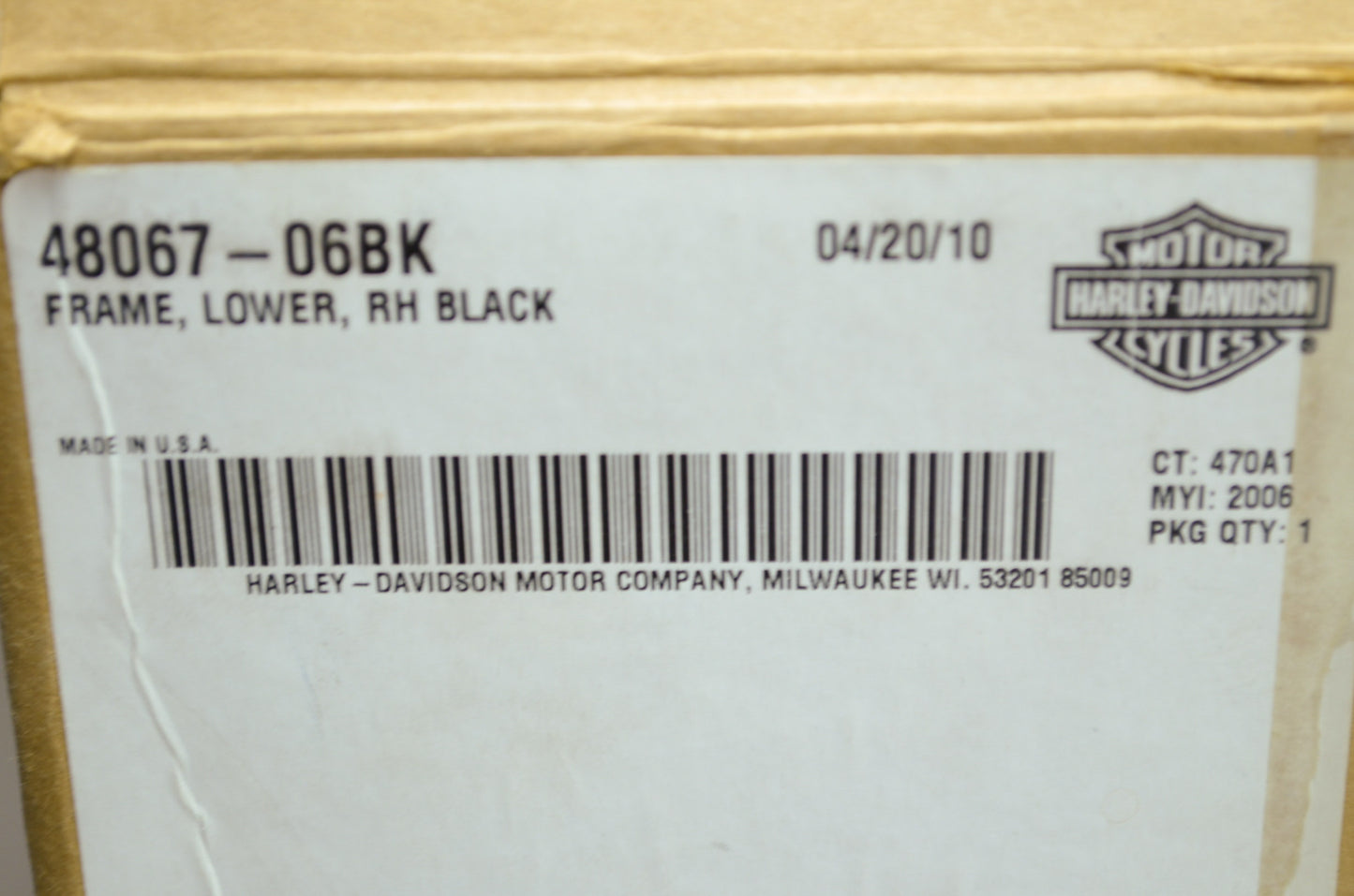 OEM Harley-Davidson 48067-06BK Right Black Lower Frame NOS