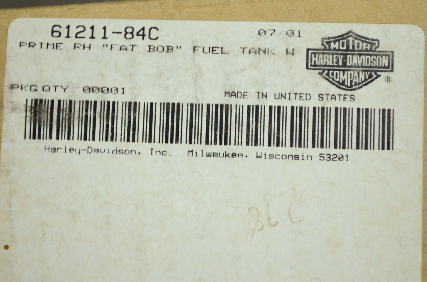 Right Side Primed Fat Bob Fuel Tank NOS