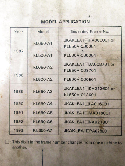 OEM Kawasaki 99924-1080-54 Service Manual Supplement KL650A