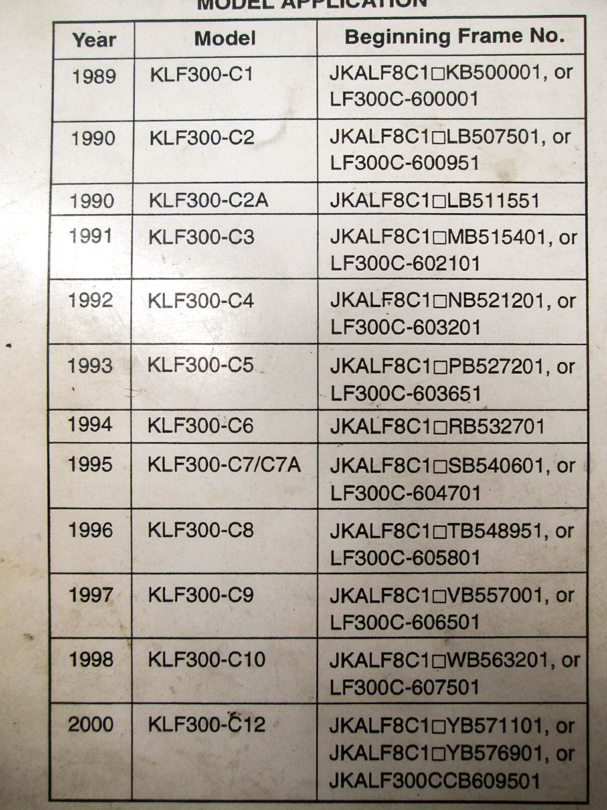 OEM Kawasaki 99924-1117-58 Service Manual Supplement KLF300C