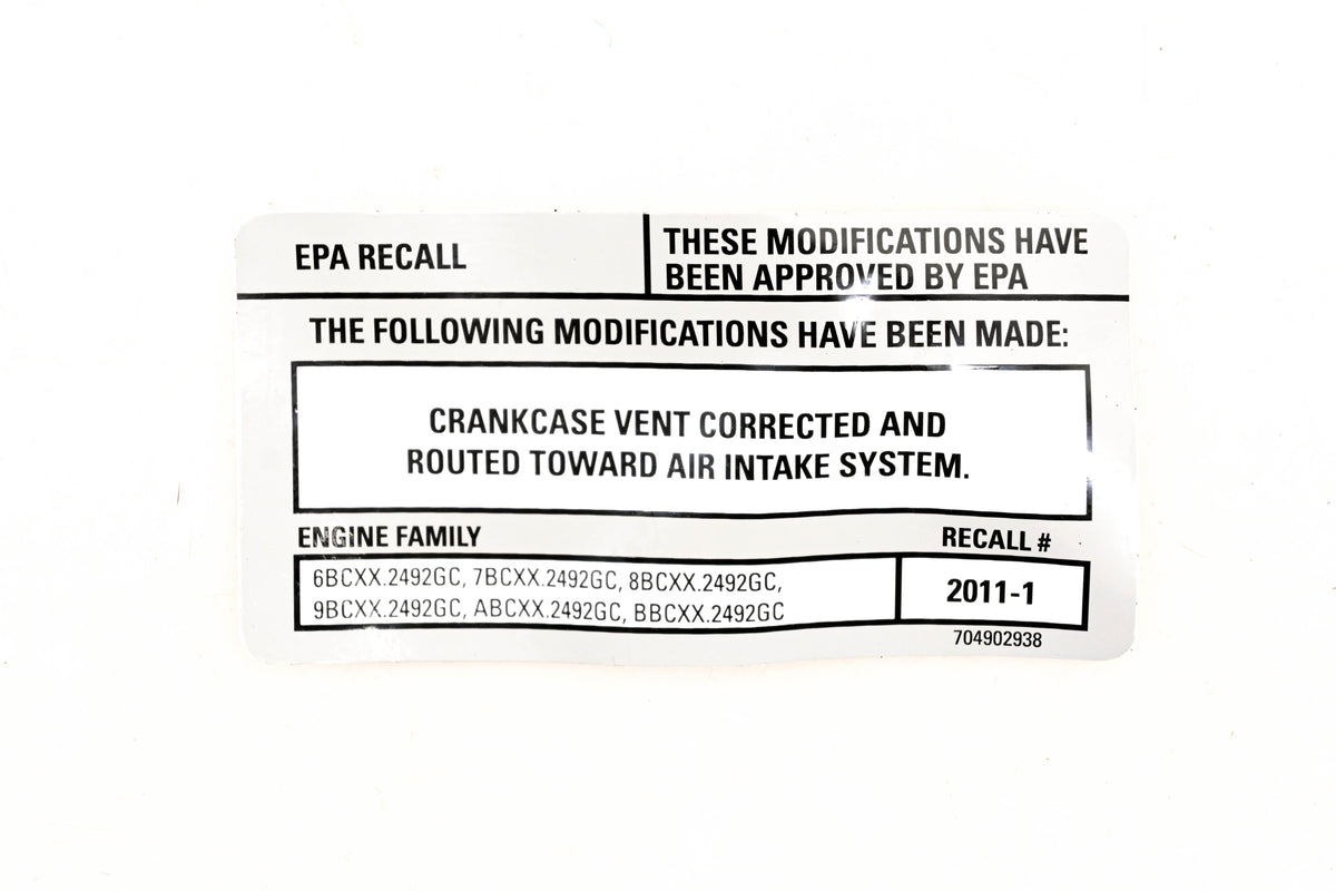 Aftermarket 704902938 EPA Recall Decal NOS