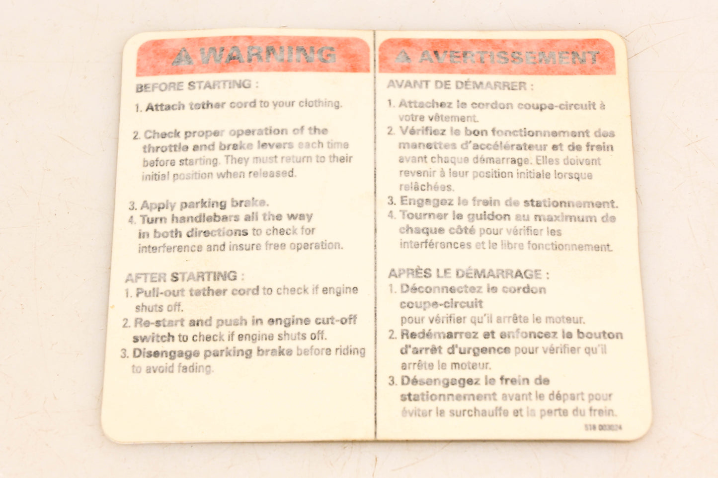 Aftermarket 516003024 Starting Warning Decal NOS