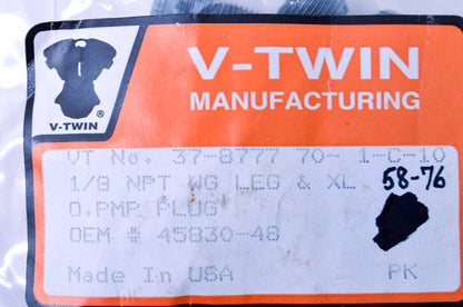 V-Twin 37-8777, 45830-48 Drain Plug 1/8 Harley FLH XL XLH 1949-1990 Qty 10 NOS