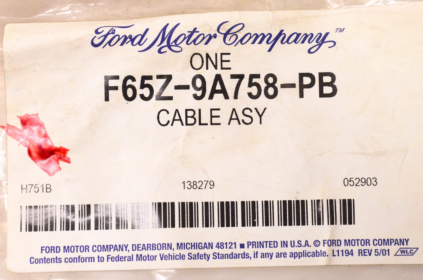 New OEM Ford F65Z-9A758-PB Cable Assembly NOS