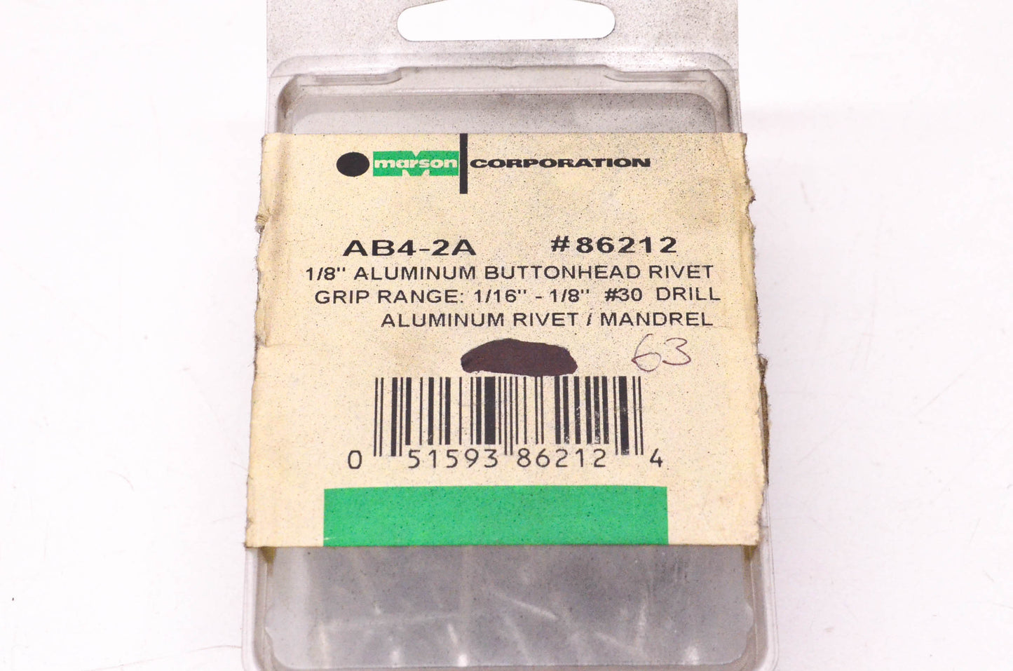 Marson Corporation AB4-2A 86212 1/8" Aluminum Buttonhead Rivet Qty 63 NOS