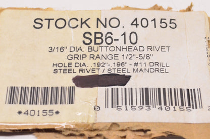 Aftermarket 3/16" Diameter Buttonhead Rivets Grip Range 1/2"-5/8" Qty 197 NOS