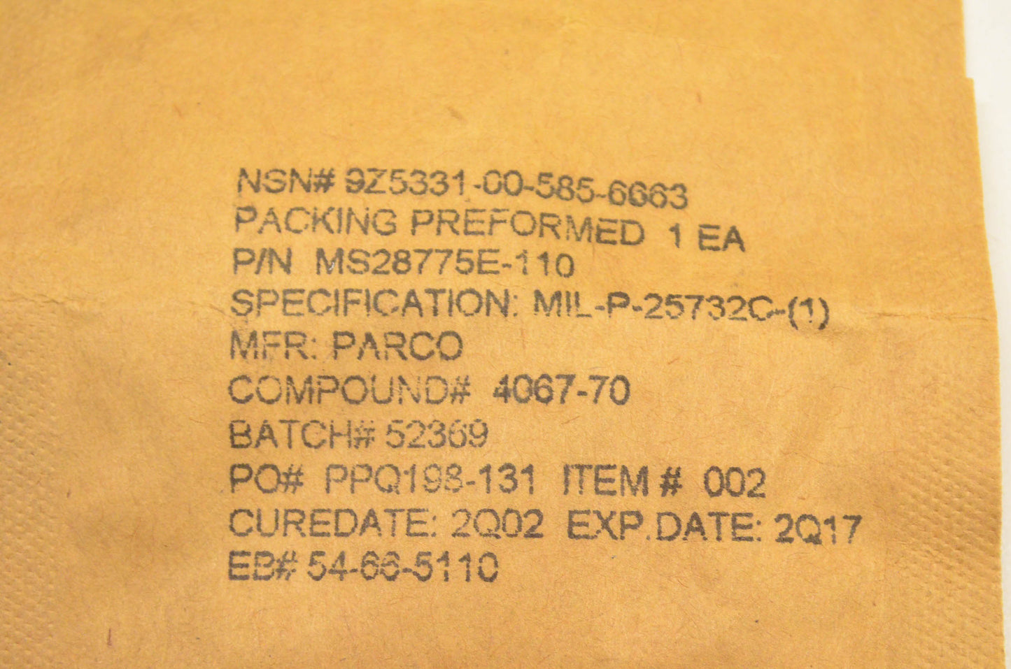 Parco MS28775E-110, 4067-70 O-ring NOS