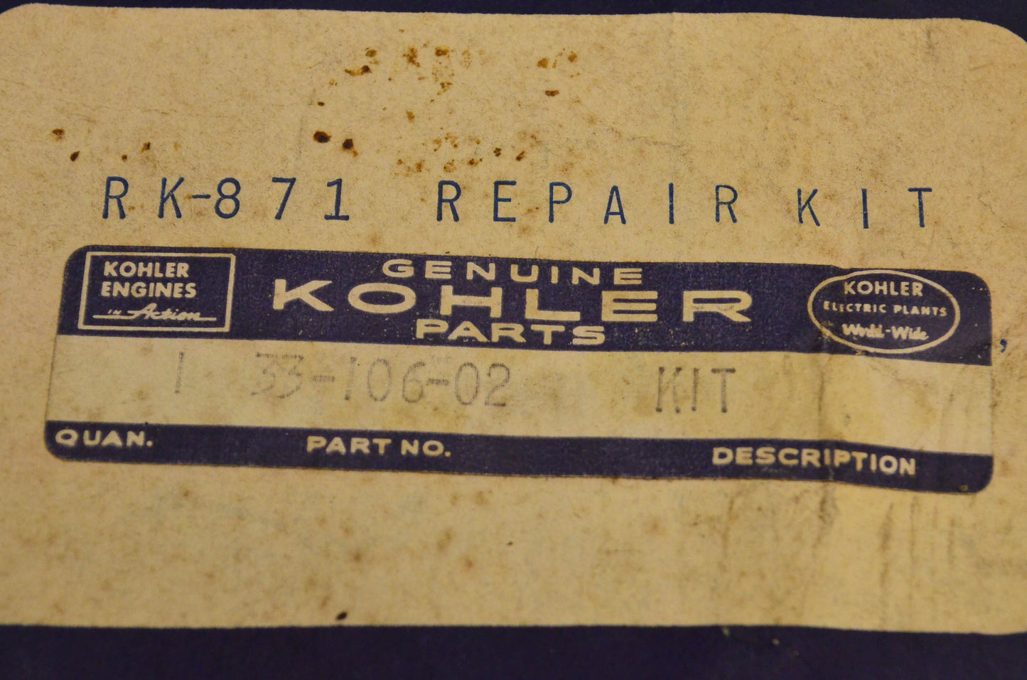 Kohler 33-106-02 Carburetor Rebuild Kit NOS