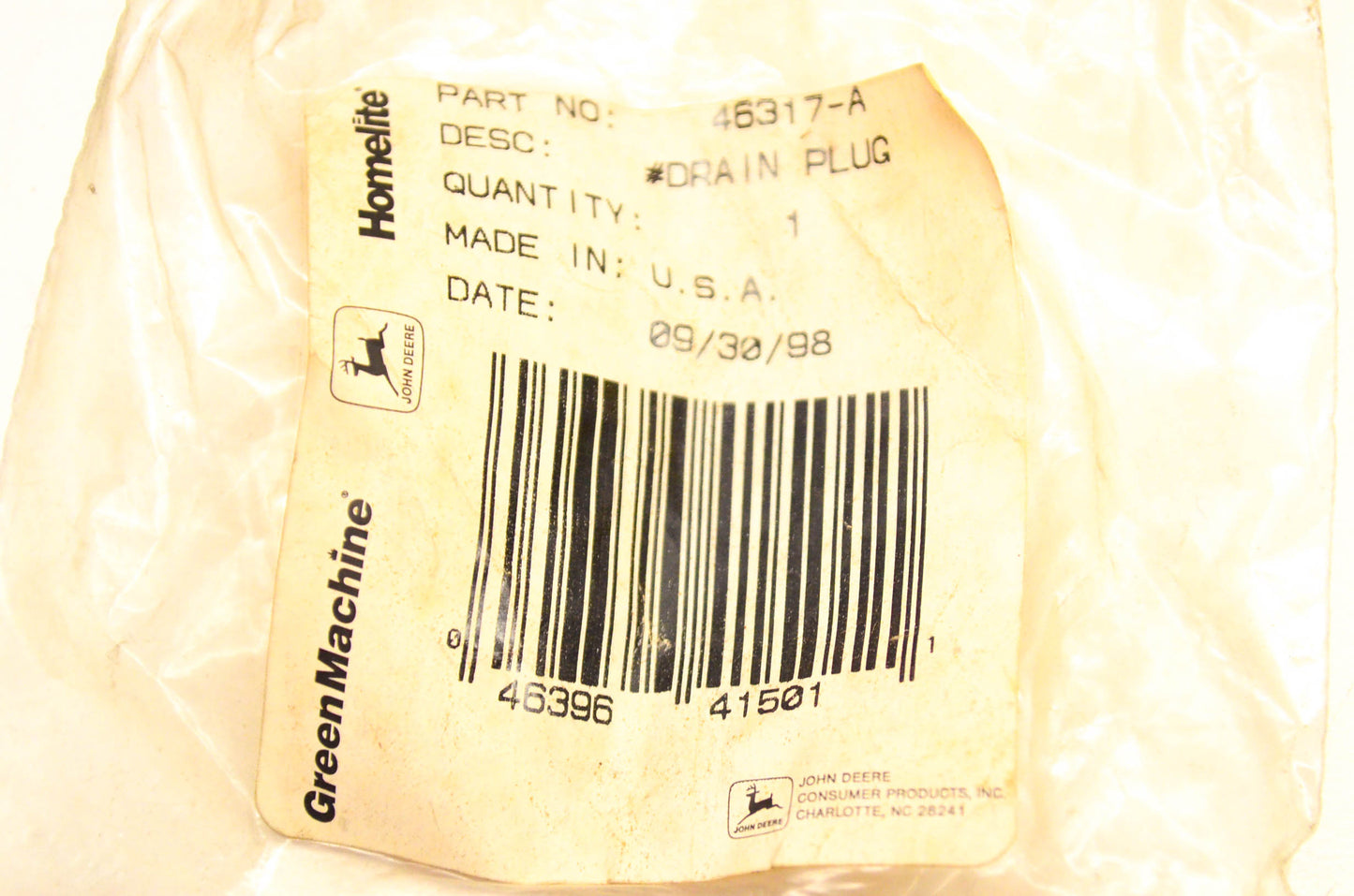 Homelite 46317-A Drain Plug NOS