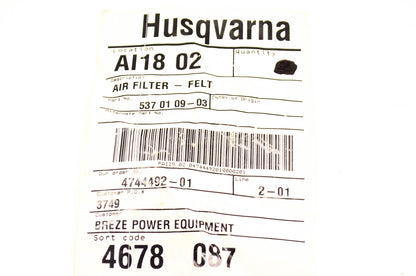 New OEM Husqvarna 537010903, 537 01 09-03 Felt Air Filter NOS