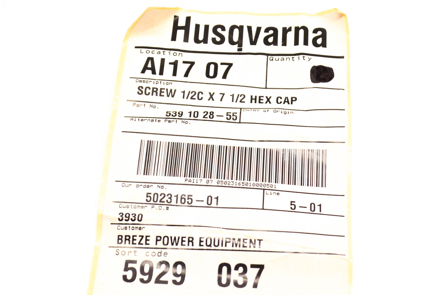 New OEM Husqvarna 539102855, 539 10 28-55 Screw 1/2C X 7 1/2 NOS