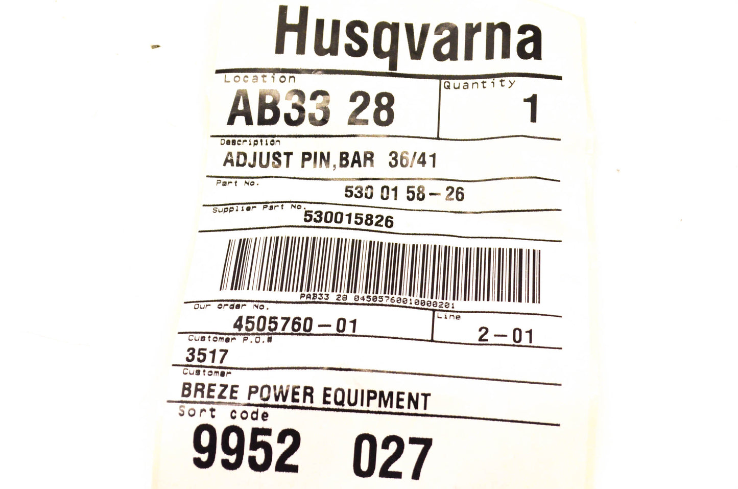 New OEM Husqvarna 530015826, 530 01 58-26 Bar Adjuster Pin NOS