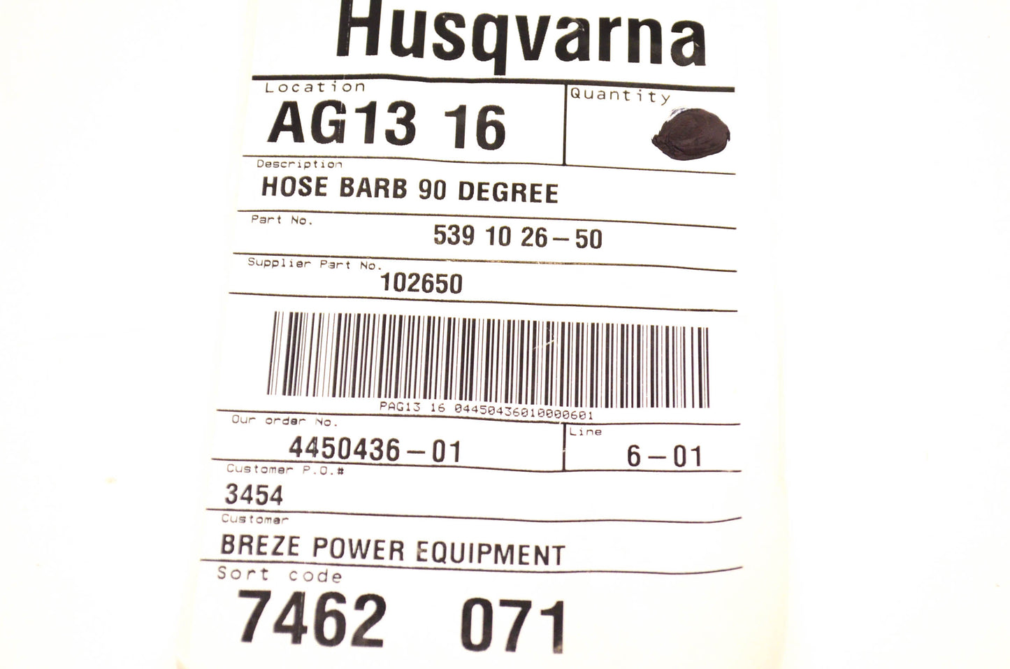 New OEM Husqvarna 539102650, 539 10 26-50 90 Degree Hose Barb NOS