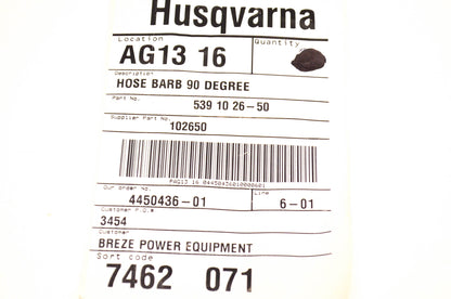 New OEM Husqvarna 539102650, 539 10 26-50 90 Degree Hose Barb NOS