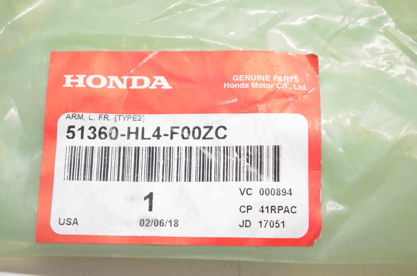 New OEM Honda 51360-HL4-F00ZC Lower Front Arm Assembly NOS