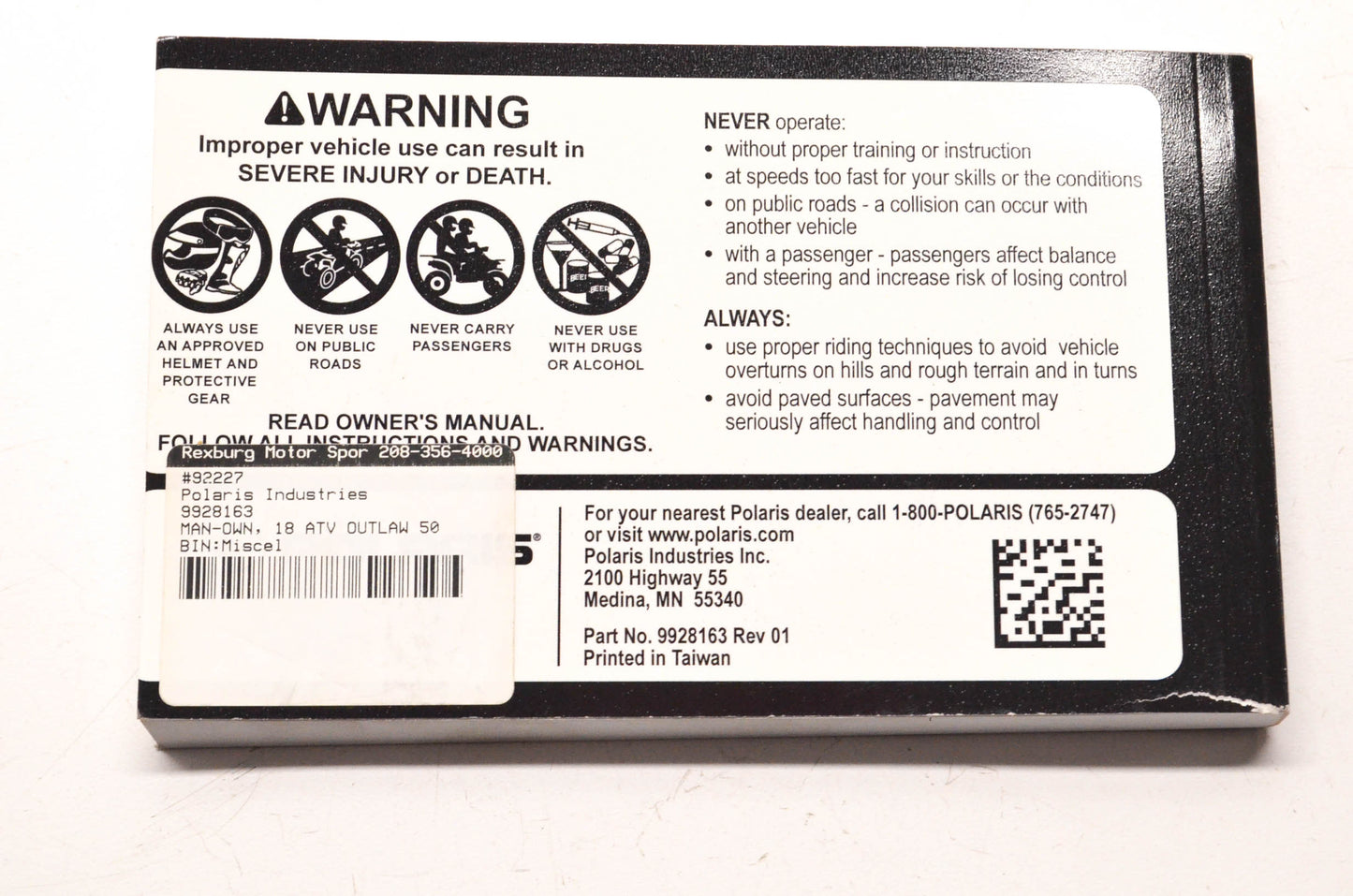 New OEM Polaris 9928163 2018 Outlaw 50 Owner's Manual NOS