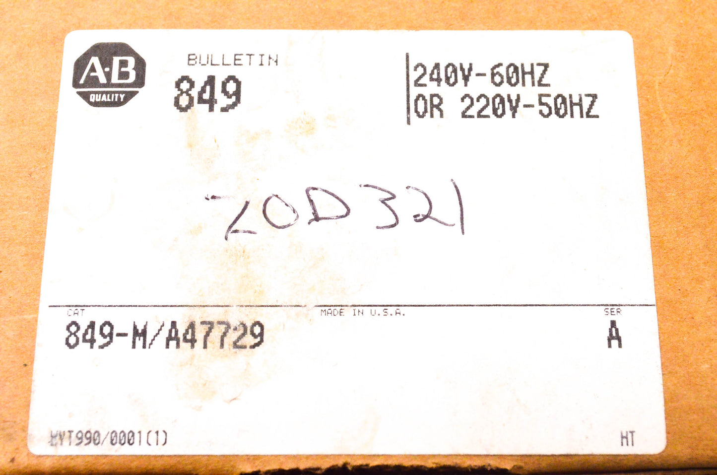 Allen Bradley 849-M/A47729, 849-ZOD321 Timing Relay Series A NOS