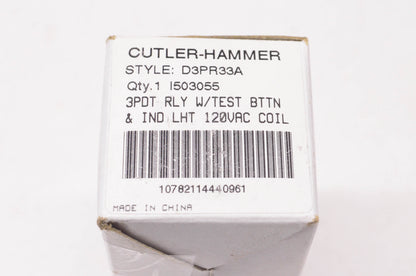 Cutler-Hammer D3PR33A Relay W/ Test Button NOS