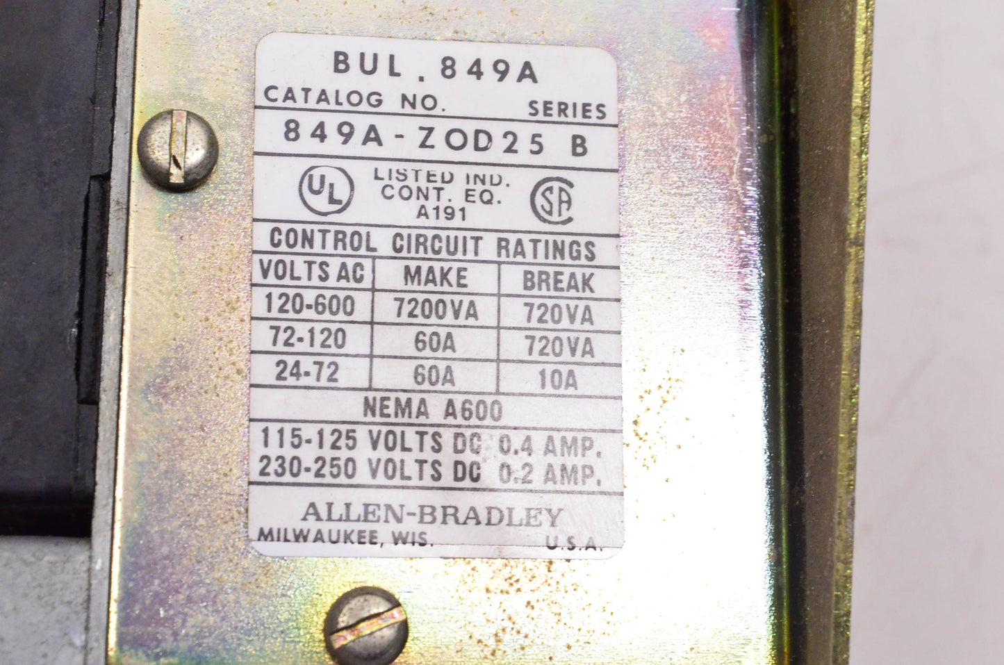Allen Bradley 849A-ZOD25 Pneumatic Timing Relay