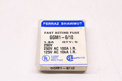 Ferraz Shawmut 1 6/10 Amp 250 Volt Fast Acting Glass Tube Fuses Qty 5 NOS