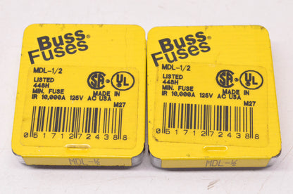 Cooper Bussmann MDL-1/2 1/2 Amp 250 Volt Glass Tube Fuse Qty 10 NOS