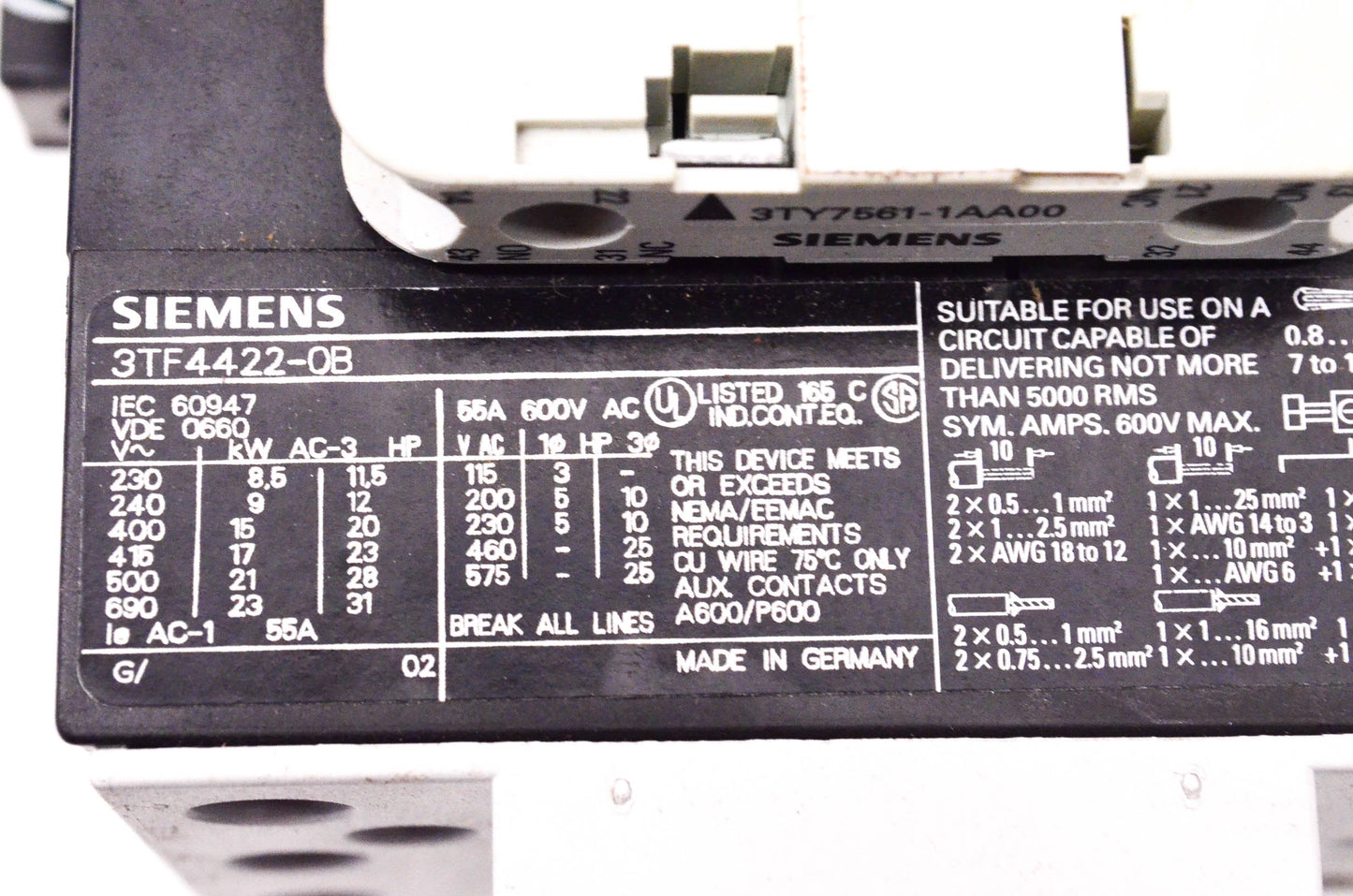 Siemens 3TF4422-0B Contactor 24 Volt DC Coil W/ Auxiliary Contact Switches NOS