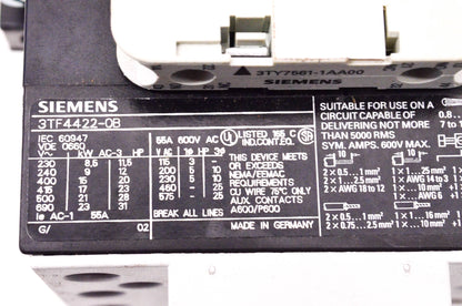 Siemens 3TF4422-0B Contactor 24 Volt DC Coil W/ Auxiliary Contact Switches NOS