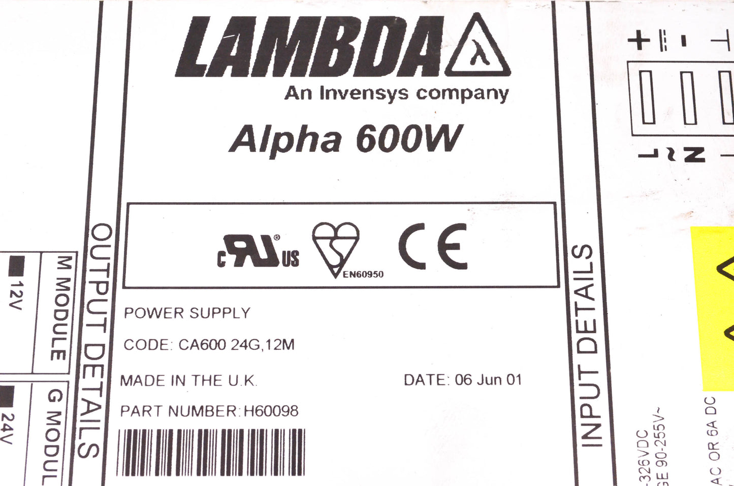 Lambda H60098 Lambda Alpha 600W Modular Power Supply NOS