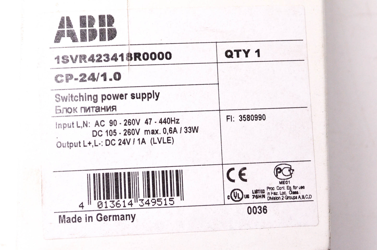 ABB 1SVR423418R0000 1 Amp 24 Volt DC Power Supply NOS