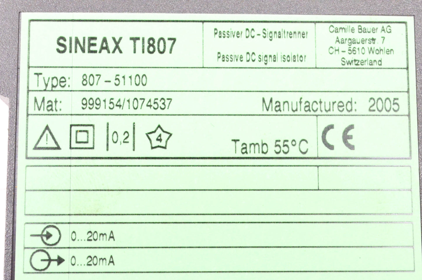 Camille Bauer TI807, 807-51100 DC Signal Isolator NOS