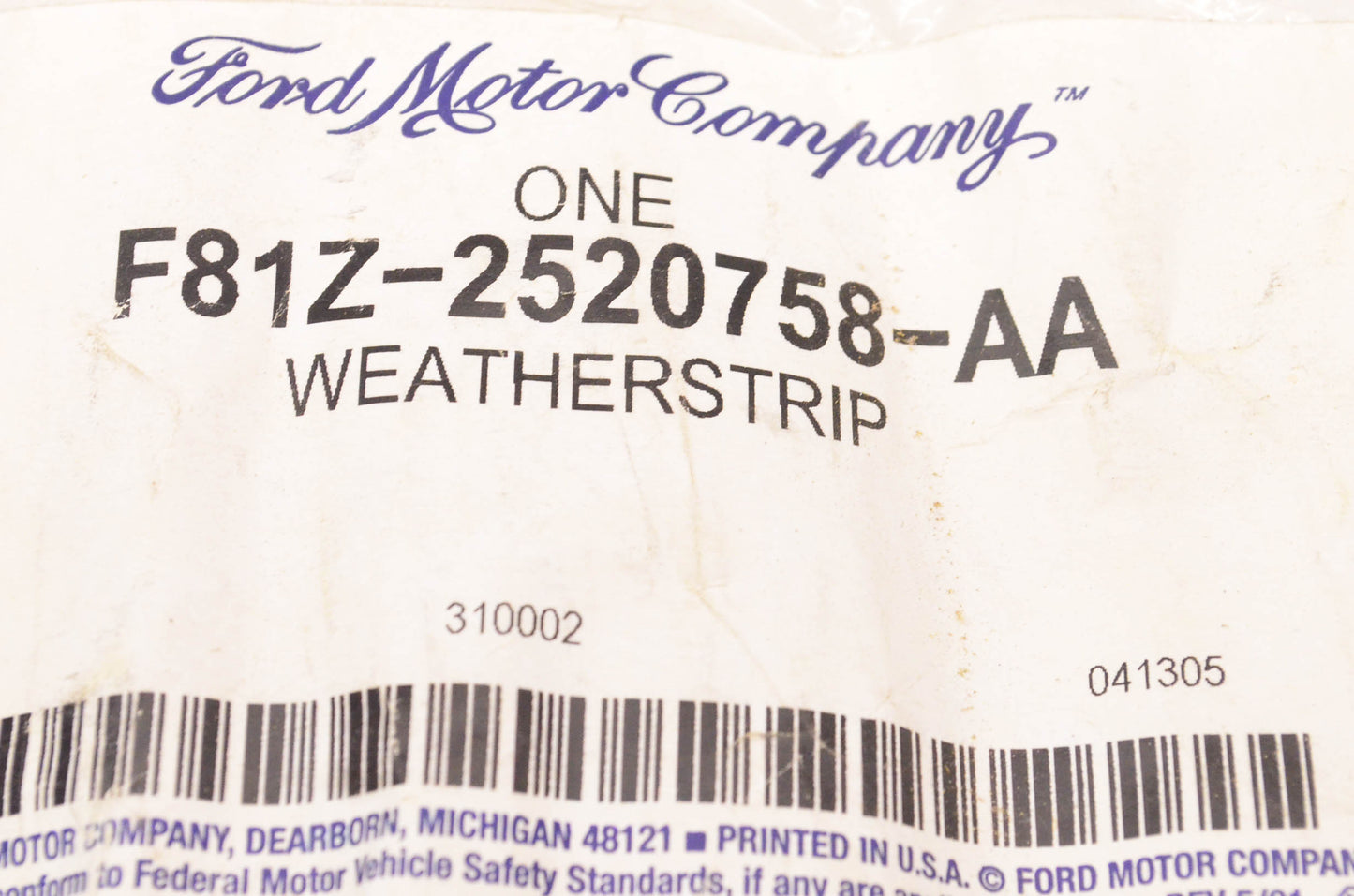 New OEM Ford F81Z-2520758-AA Front Door Weatherstrip NOS