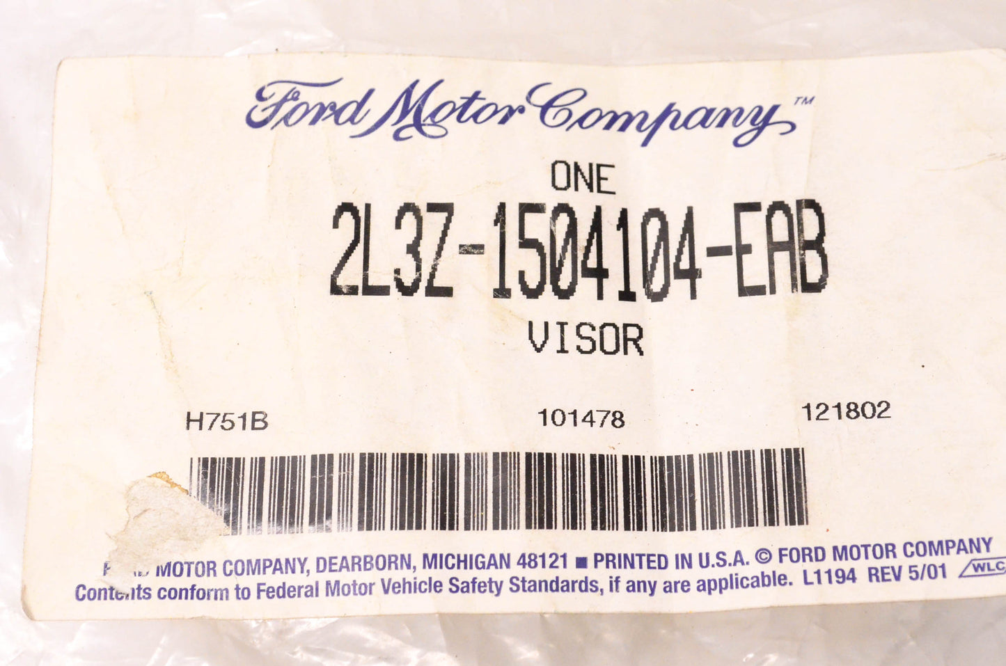 New OEM Ford 2L3Z-1504104-EAB Passenger's Side Sun Visor F-150 02-04 NOS