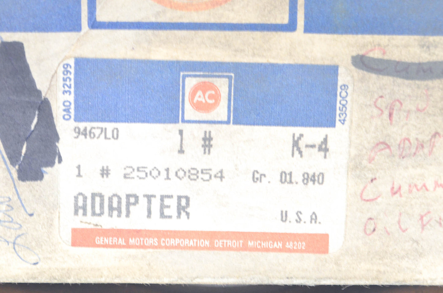 AcDelco 25010854 Oil Filter Adapter Kit NOS