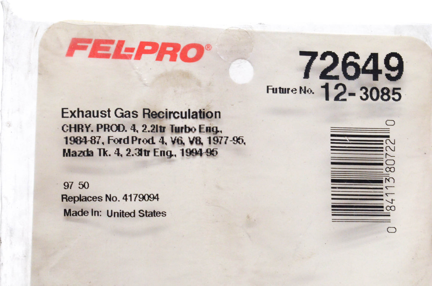 Fel-Pro 72649, 12-3085, 4179094 Valve Gasket NOS