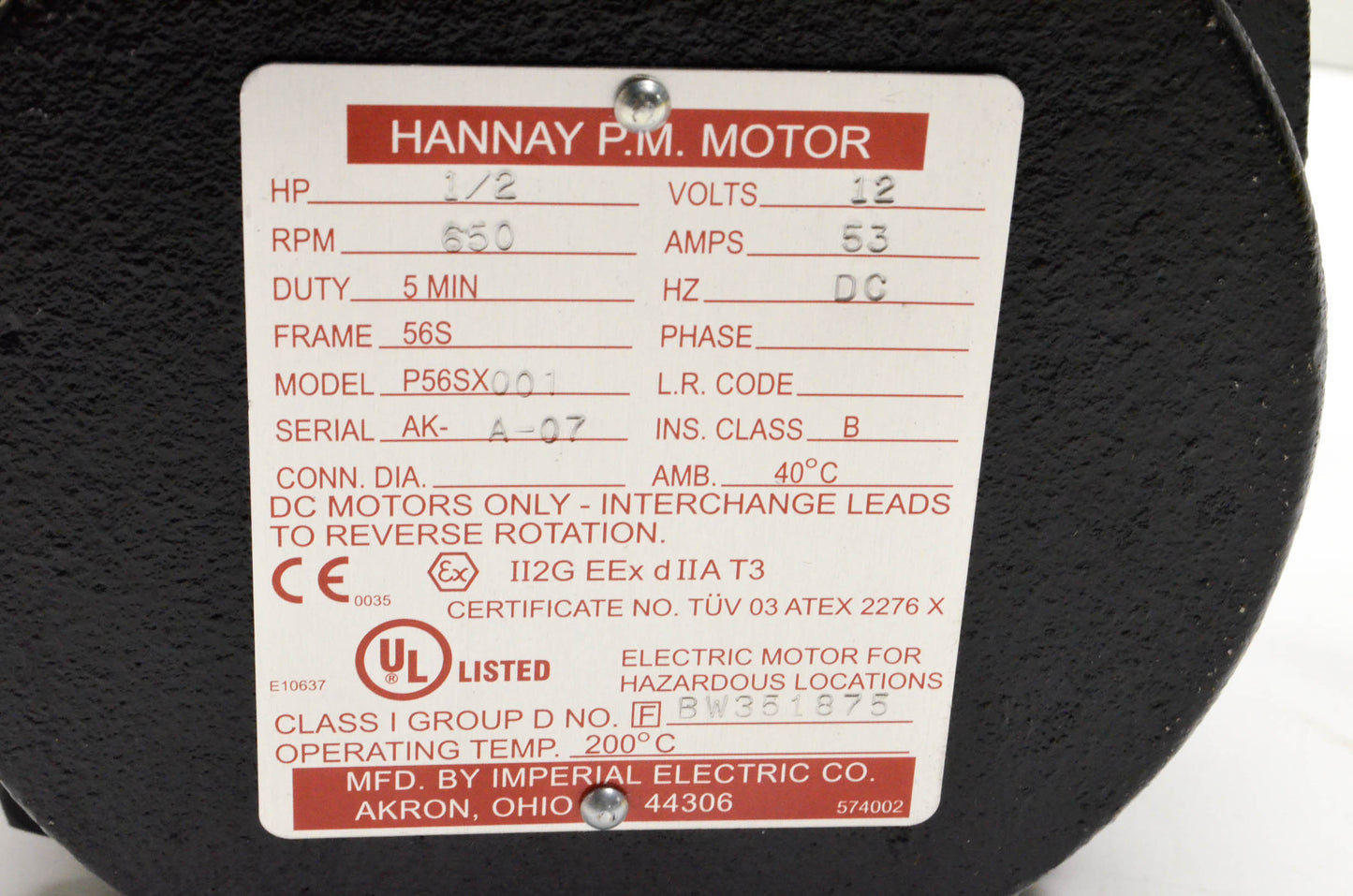 Hannay P56SX001 Reel Motor NOS
