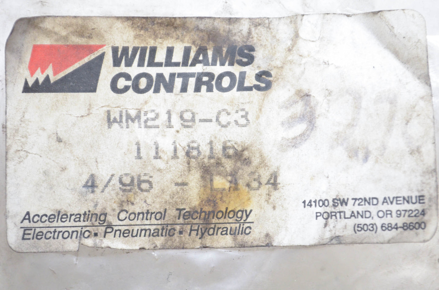 Williams Controls WM219-C3, 111816 Toggle Valve NOS