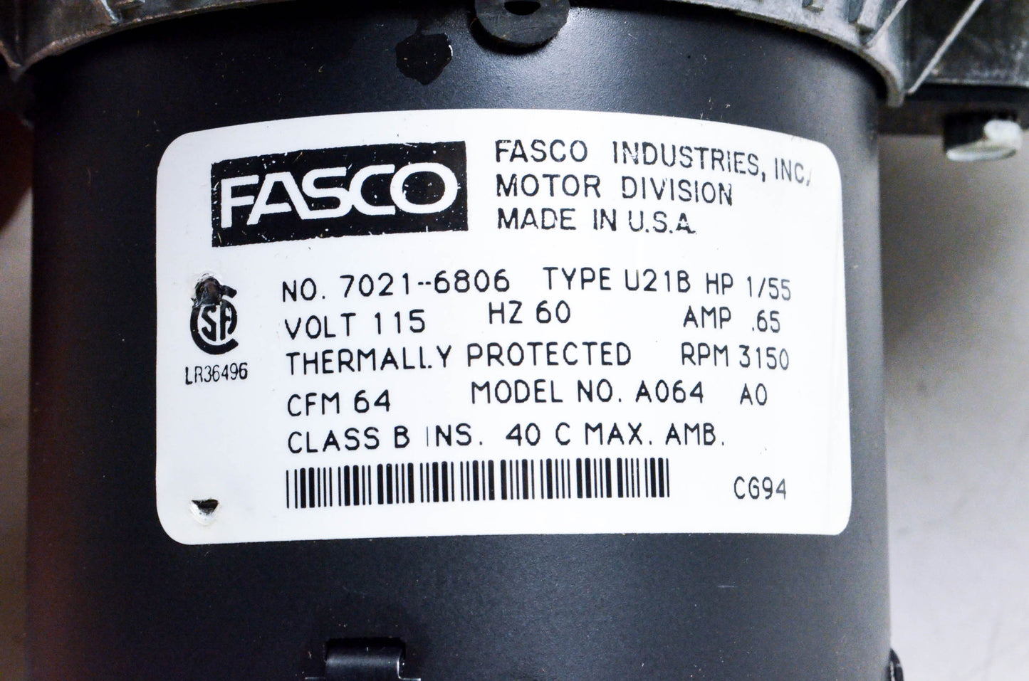 Fasco A064, 7021-6806 Draft Inducer Blower Motor NOS