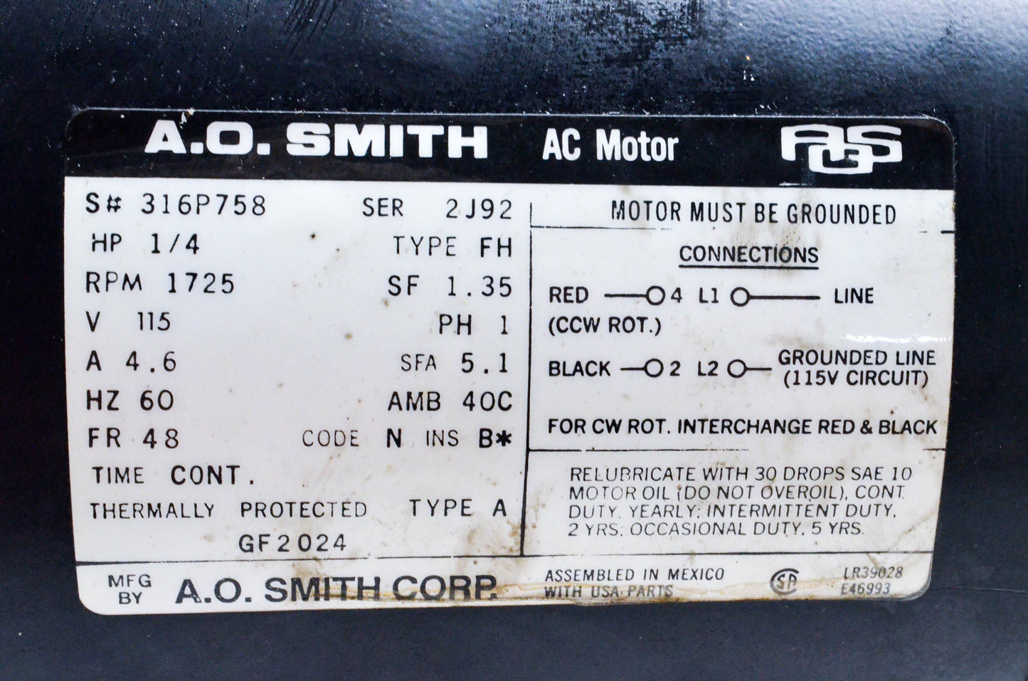 A.O. Smith GF2024 Drive Belt Blower Motor NOS