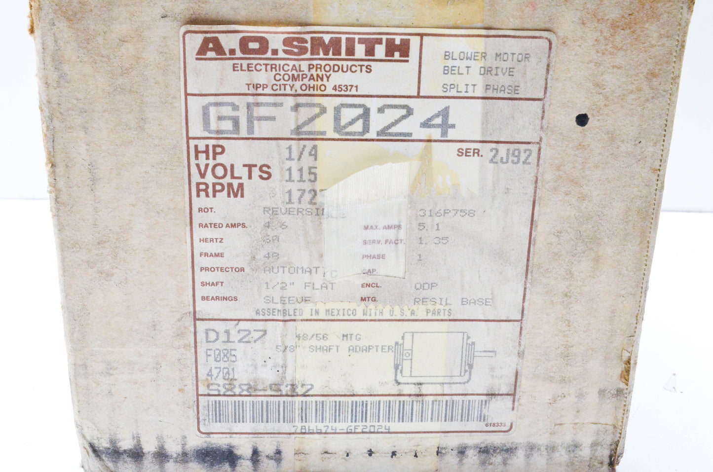 A.O. Smith GF2024 Drive Belt Blower Motor NOS