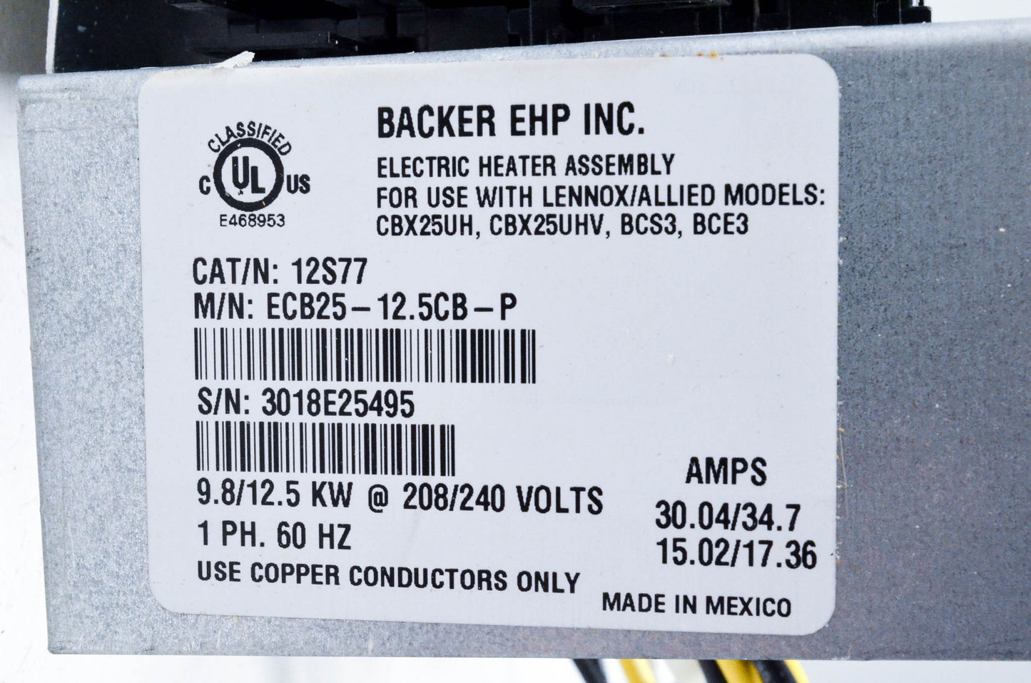 Backer EHP Inc. 12S77, 110075808 Electric Heater Assembly NOS