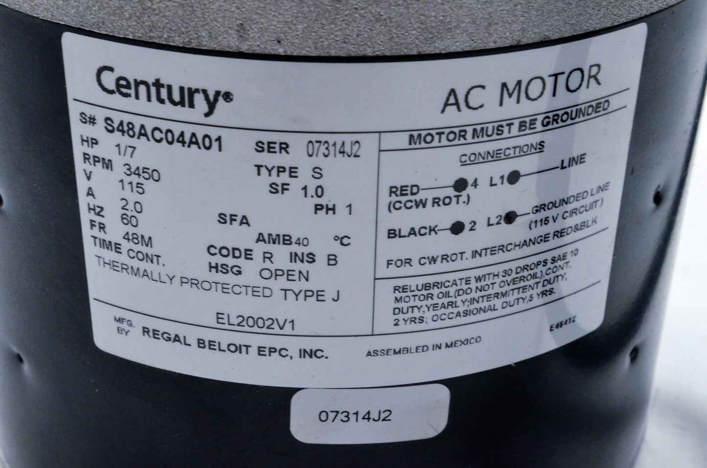Century S48AC04A01, EL2002V1 Definite Purpose HVAC Motor NOS