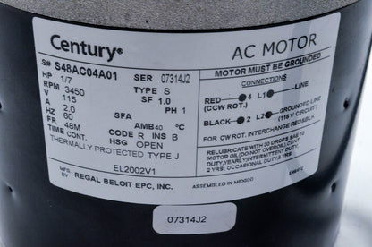 Century S48AC04A01, EL2002V1 Definite Purpose HVAC Motor NOS