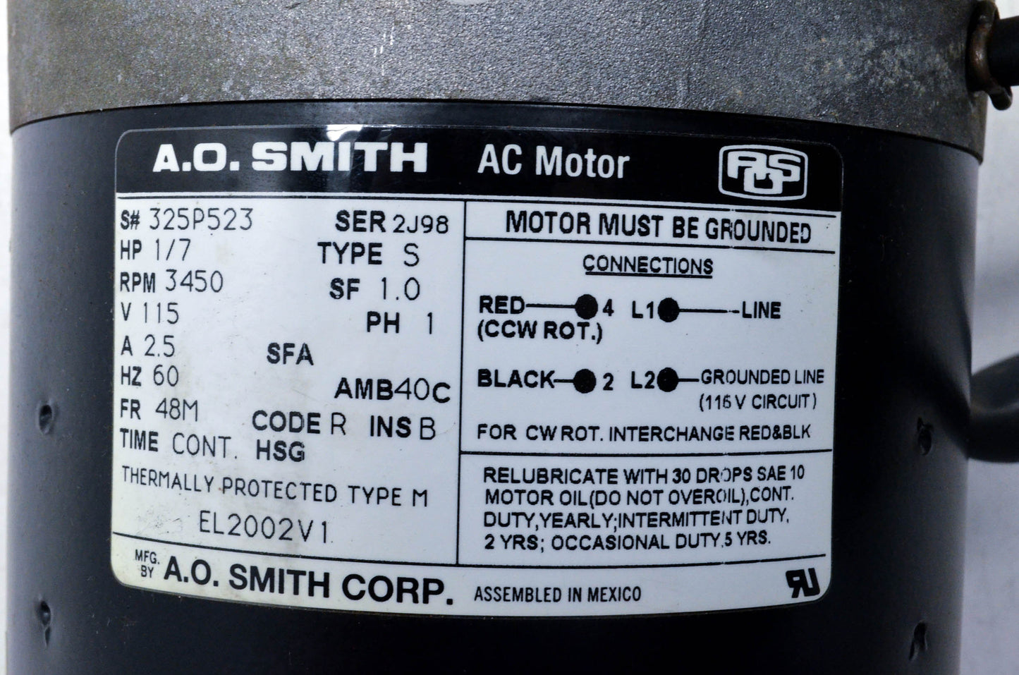 A.O. Smith 325P523, EL2002V1 Definite Purpose HVAC Motor