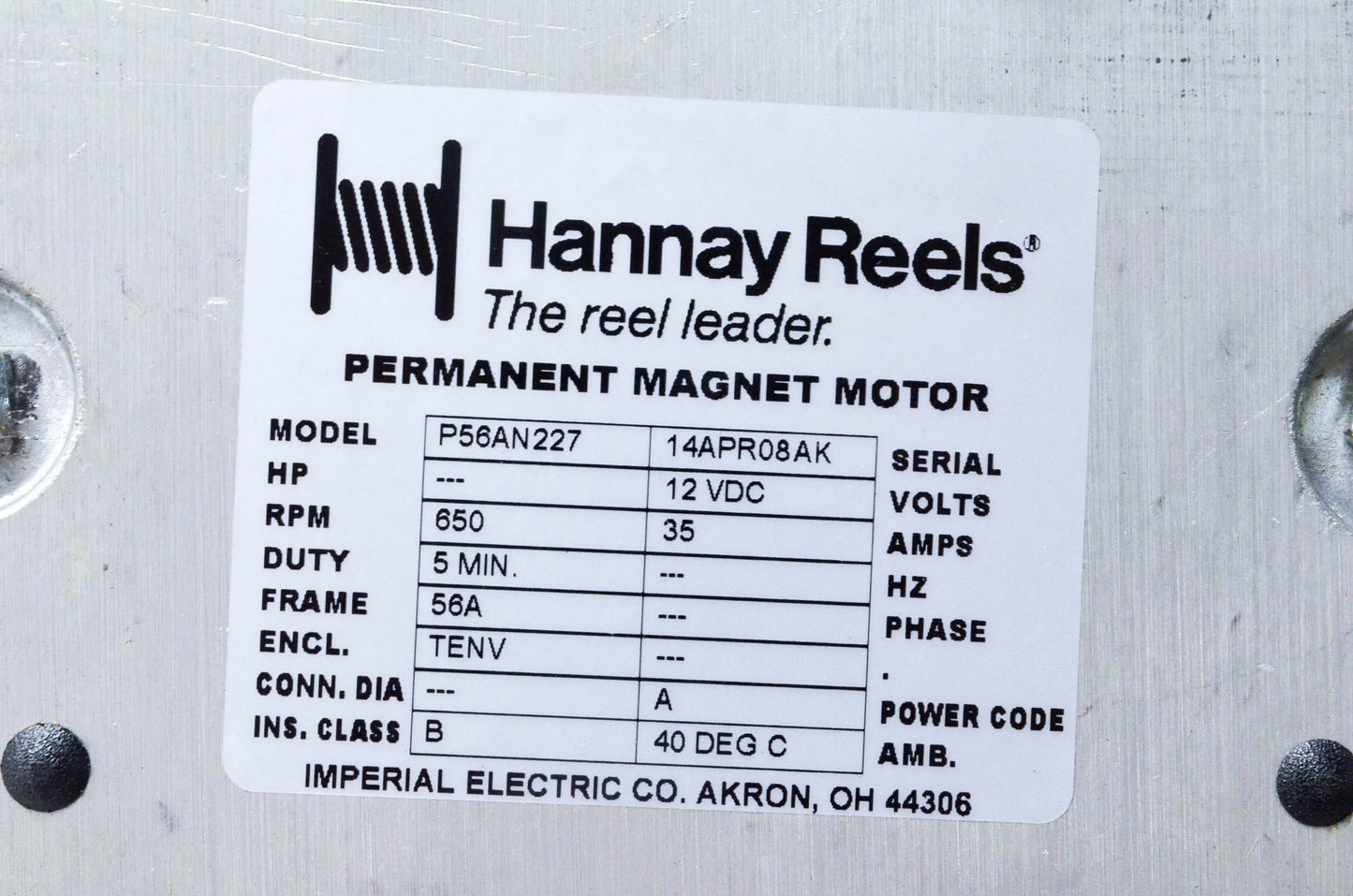 Hannay Reels P56AN227, 14APR08AK Magnetic Reel Motor NOS