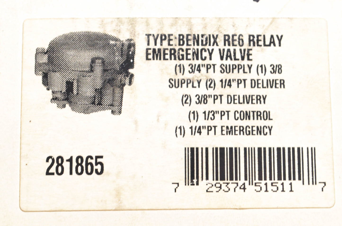 Bendix 281865 RE6 Relay Emergency Valve NOS