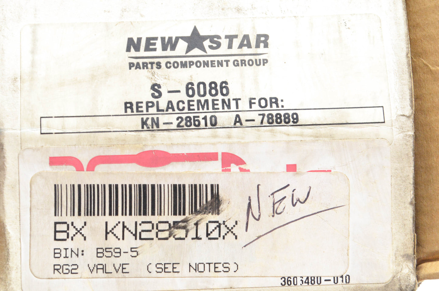 New Star S-6086, KN-28510 RG2 Valve NOS
