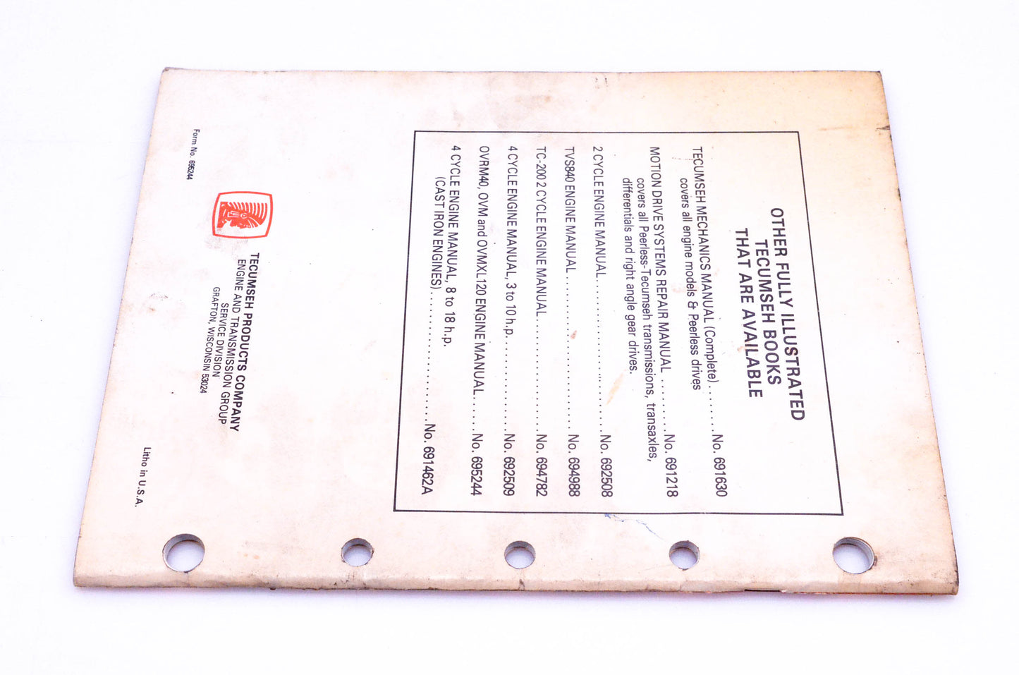 OEM Tecumseh 695244 Overhead Valve Engine Mechanic's Handbook