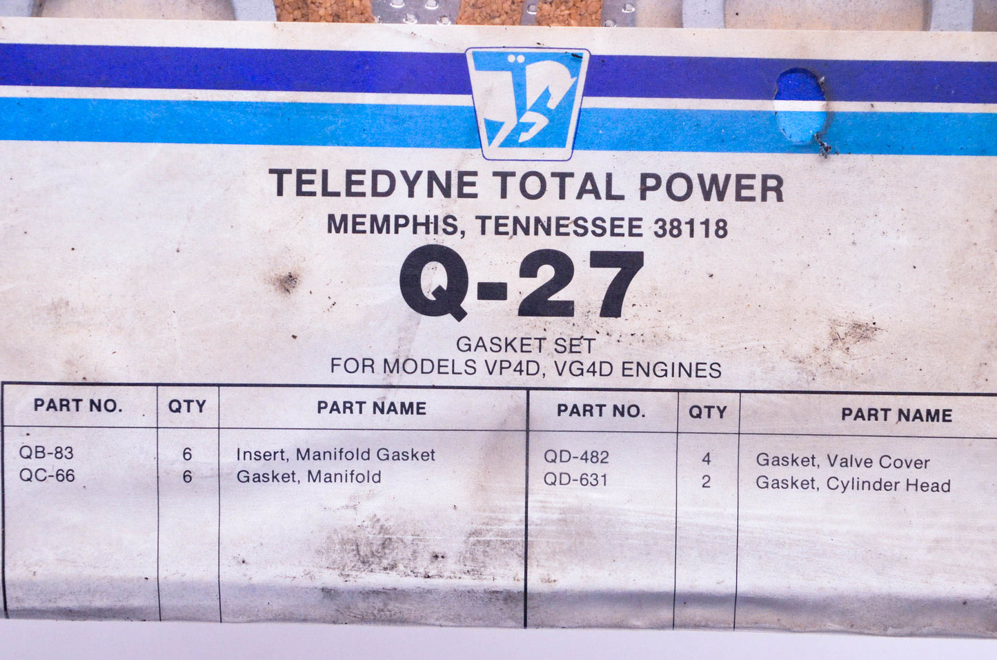 Teledyne Total Power Q-27, QD-631 Manifold Gasket Kit NOS