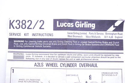 Lucas Girling K382/2 A2LS Wheel Cylinder Overhaul Kit NOS